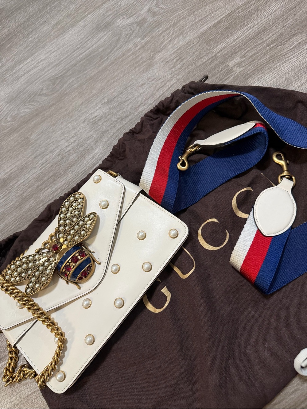 Gucci White Pearl-Studded Shoulder Bag with Bee and Striped Web Strap